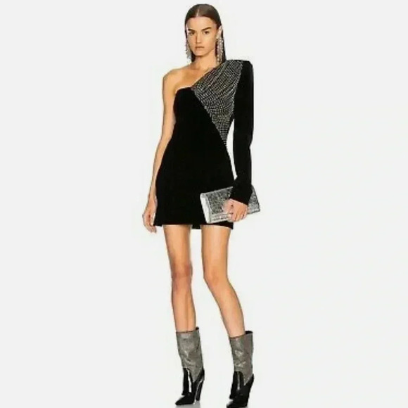 Saint Laurent SZ XS Black One Shoulder Asymmetrical mini Velvet Dress - Picture 1 of 11